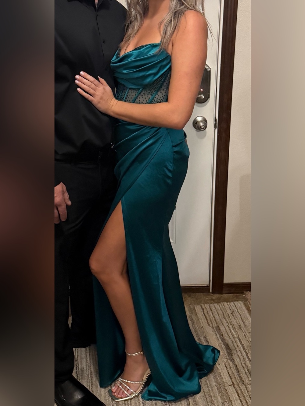 Windsor Teal Satin Cowl Neck Maxi Dress with Side Slit